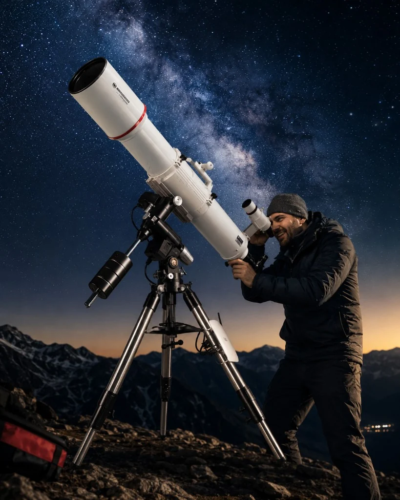 Astrónomo con un BRESSER Messier AR-152L/1200 bajo el cielo nocturno